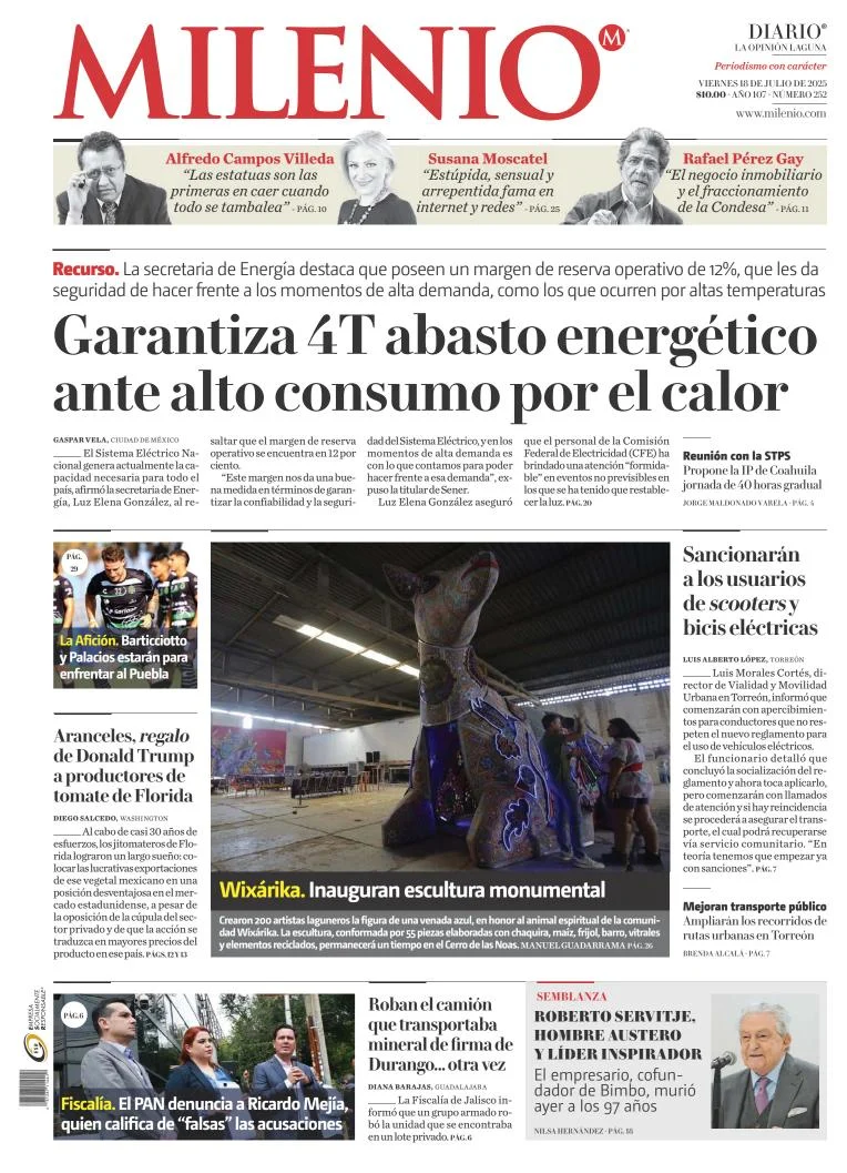 Portada de Milenio Laguna del viernes, 18 de julio de 2025
