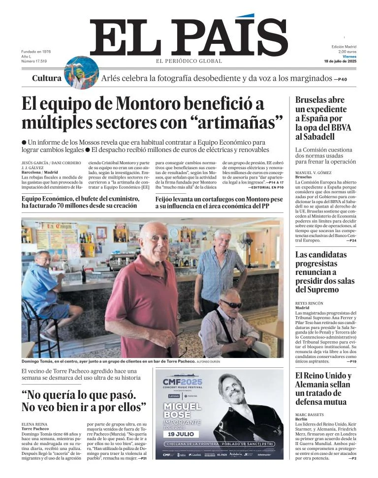 Portada de El Pais del viernes, 18 de julio de 2025