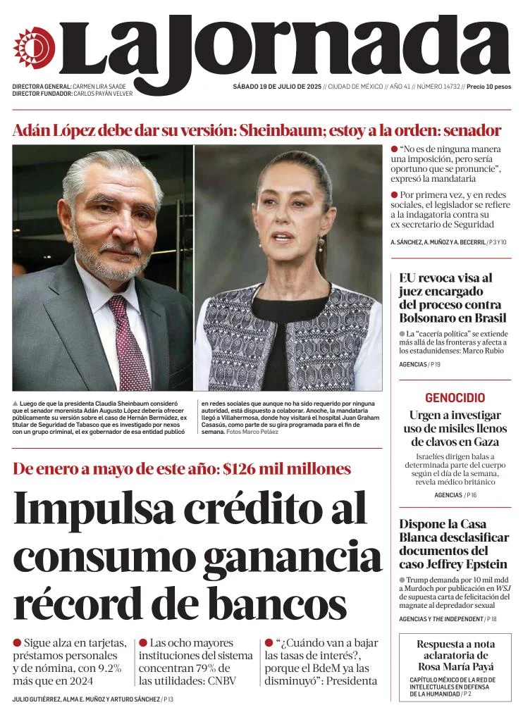 Portada de La Jornada del sábado, 19 de julio de 2025
