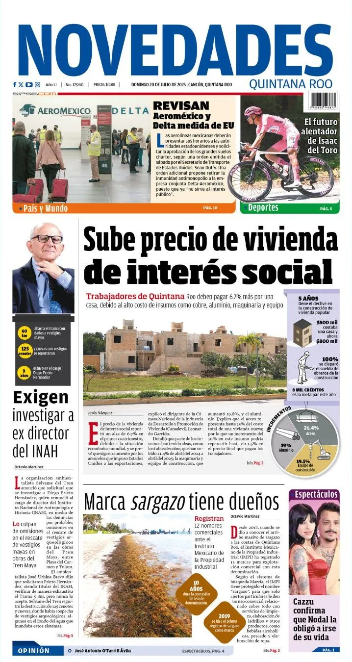 Portada de Novedades Quintana Roo del domingo, 20 de julio de 2025