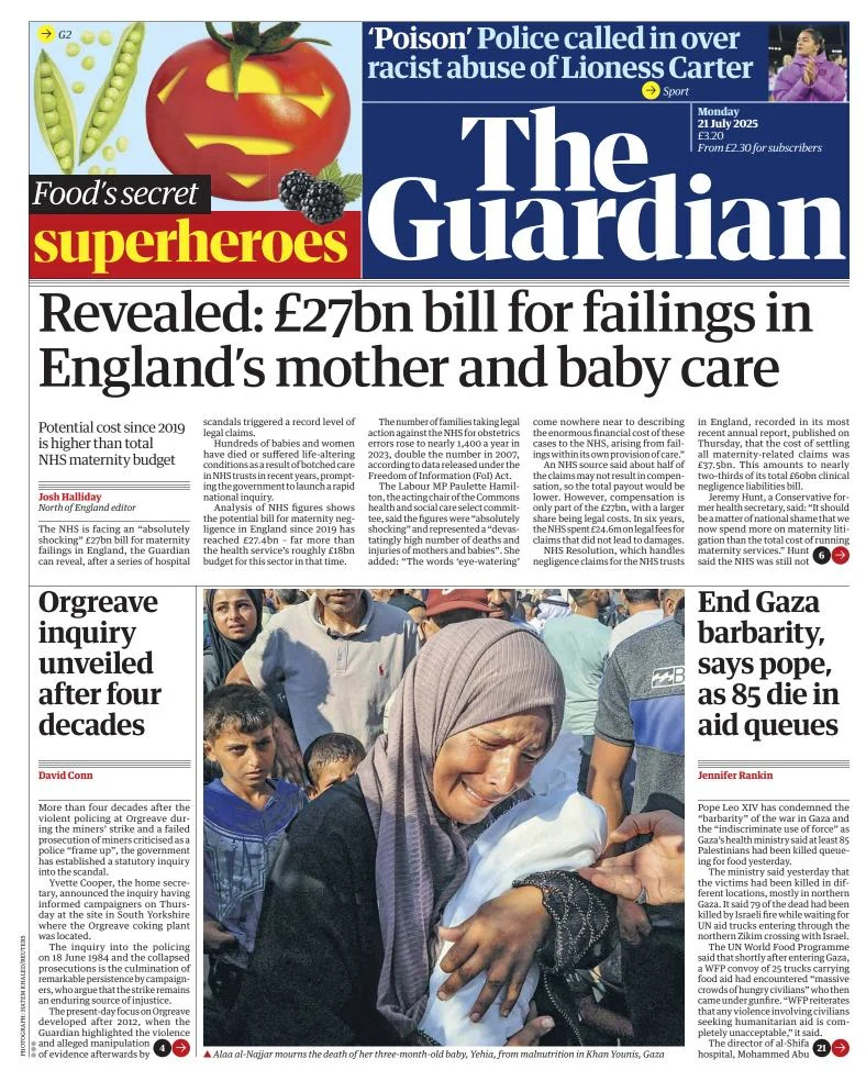 Portada de The Guardian (reino Unido) del lunes, 21 de julio de 2025
