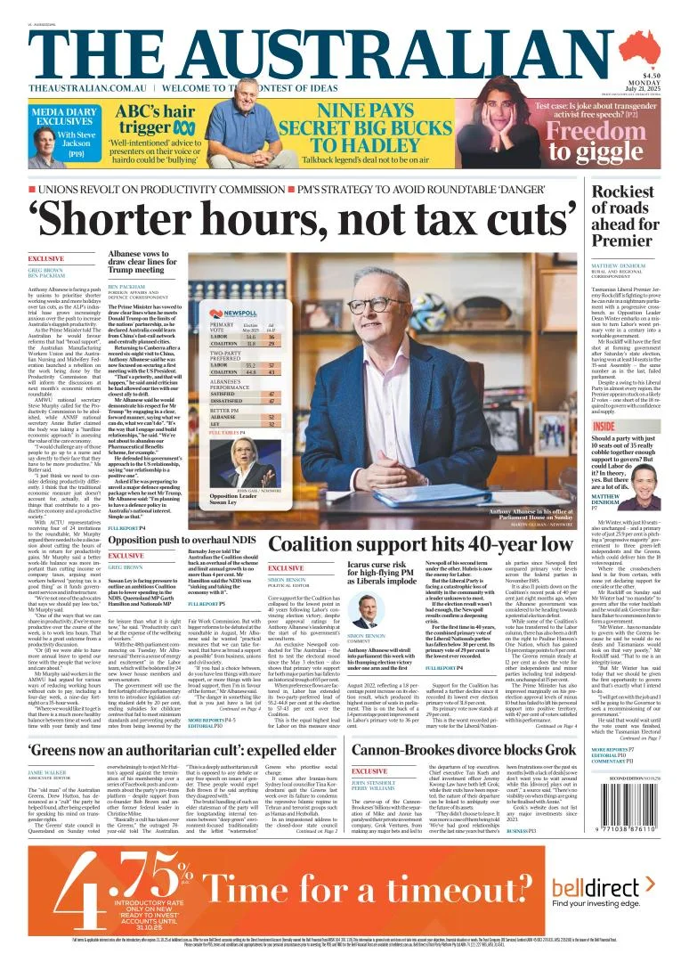Portada de The Australian del lunes, 21 de julio de 2025