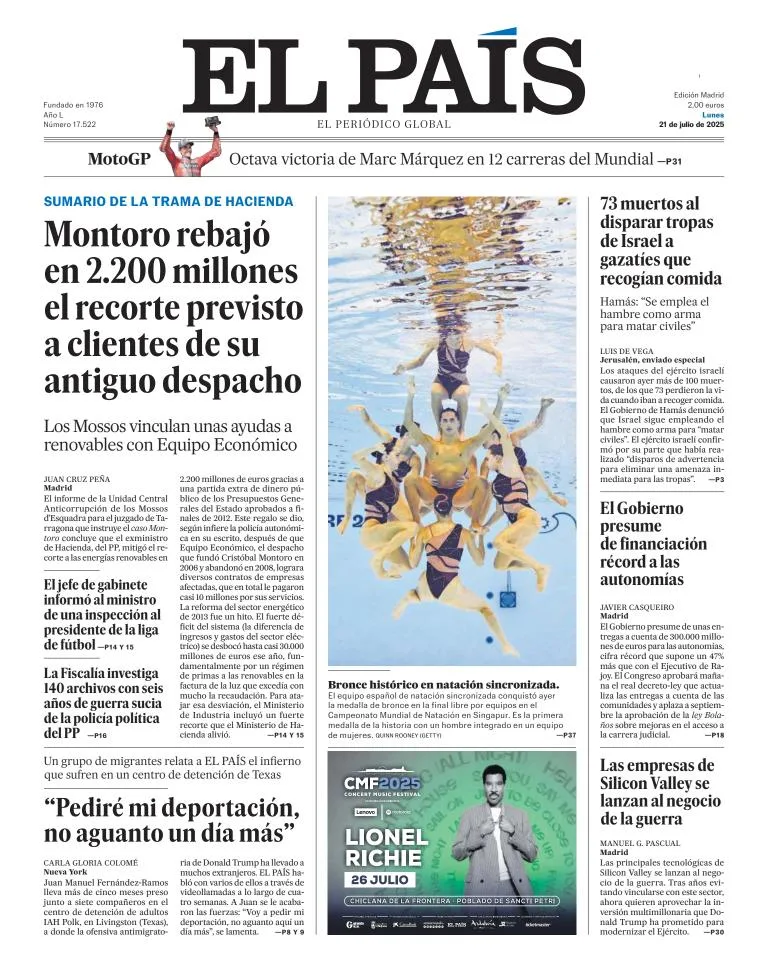Portada de El Pais del lunes, 21 de julio de 2025