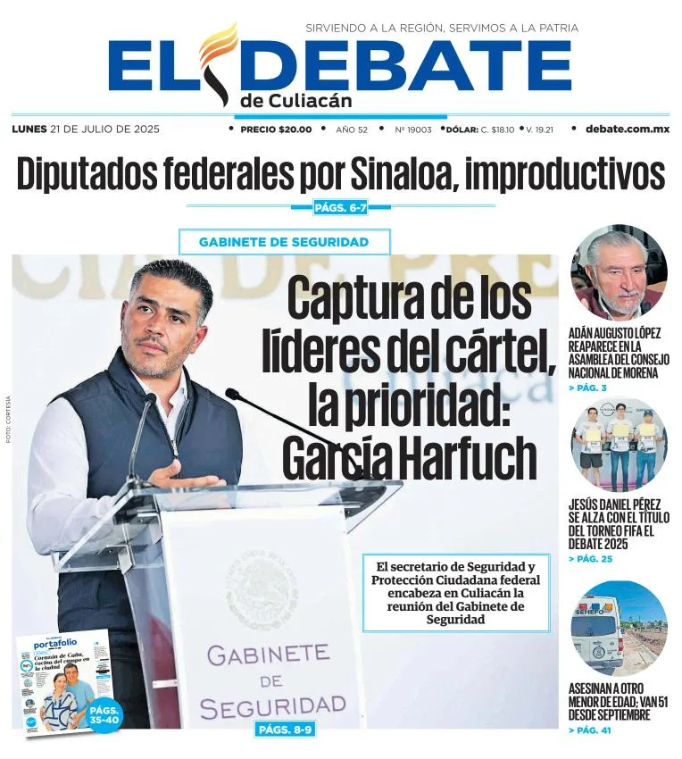 Portada de El Debate de Culiacan del lunes, 21 de julio de 2025
