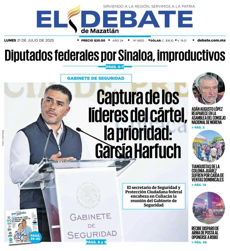 Portada de El Debate de Mazatlan del lunes, 21 de julio de 2025