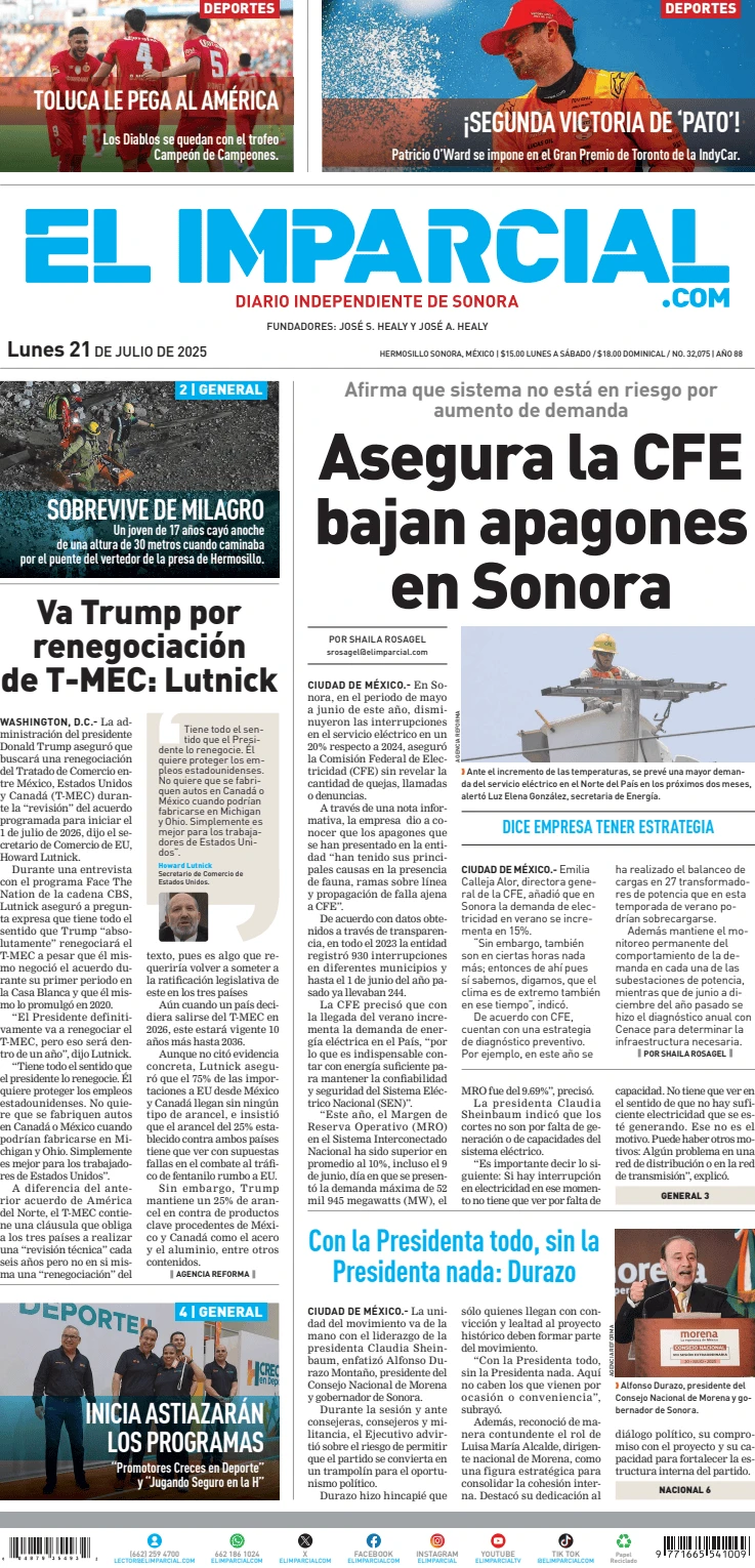 Portada de El Imparcial del lunes, 21 de julio de 2025