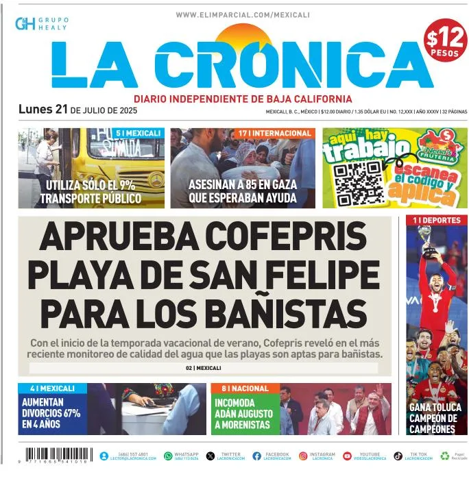 Portada de La Cronica del lunes, 21 de julio de 2025