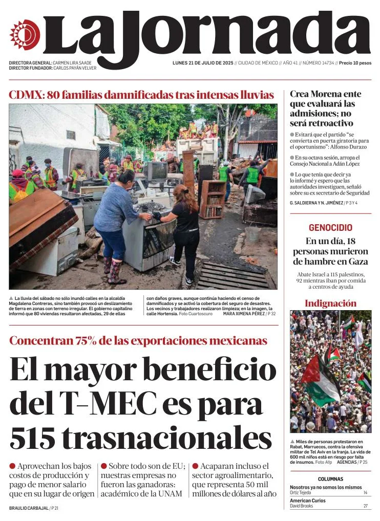 Portada de La Jornada del lunes, 21 de julio de 2025