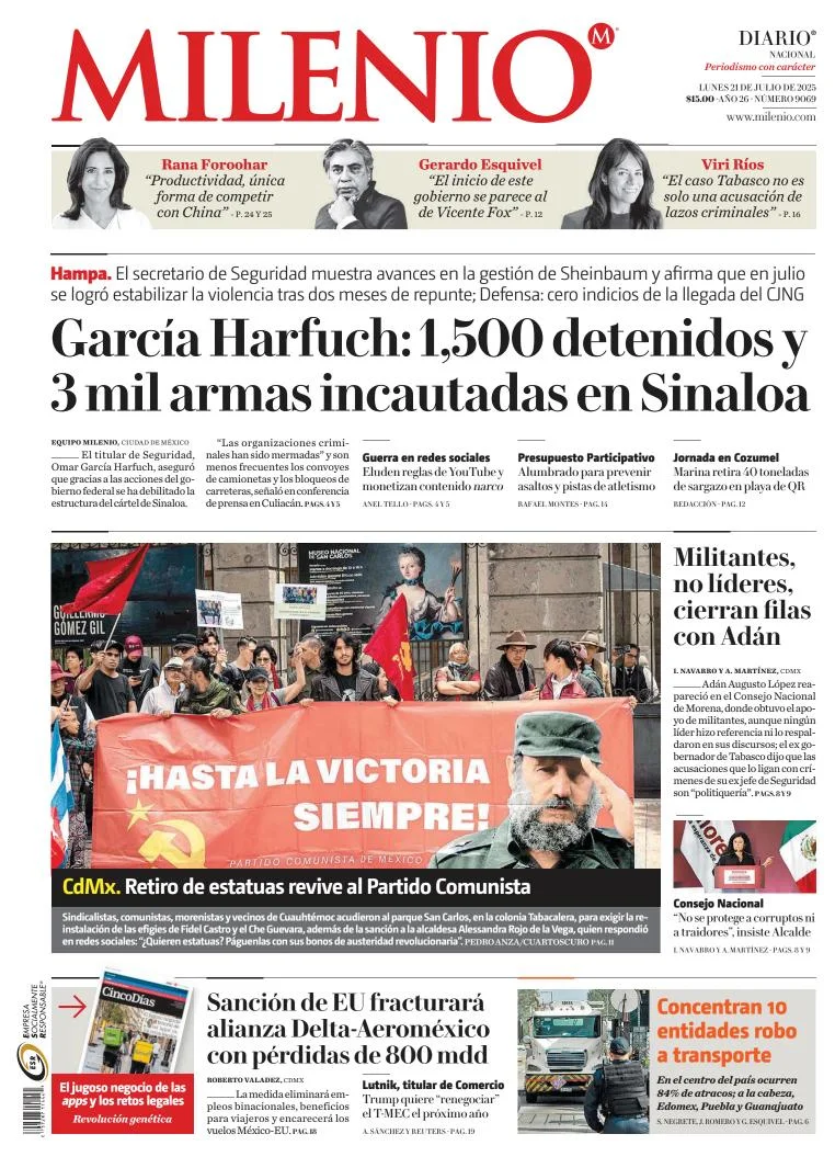 Portada de Milenio del lunes, 21 de julio de 2025