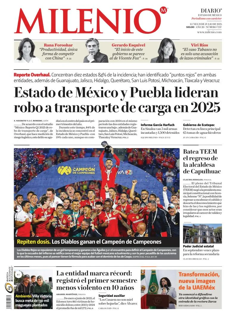 Portada de Milenio Edo de Mexico del lunes, 21 de julio de 2025