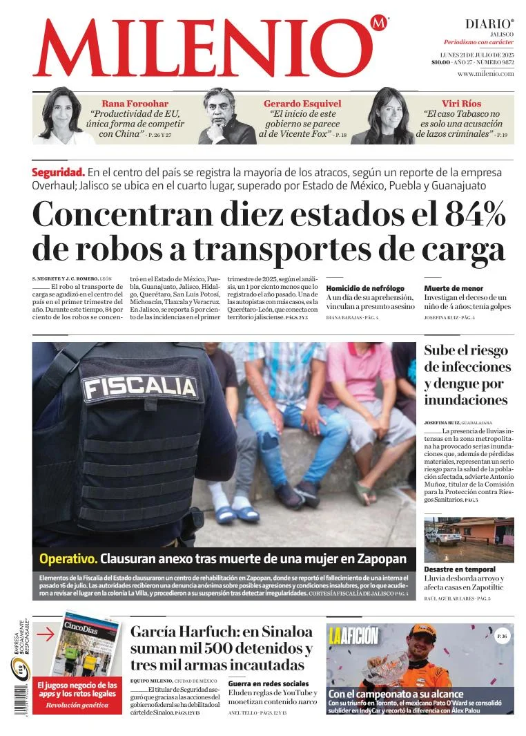 Portada de Milenio Jalisco del lunes, 21 de julio de 2025