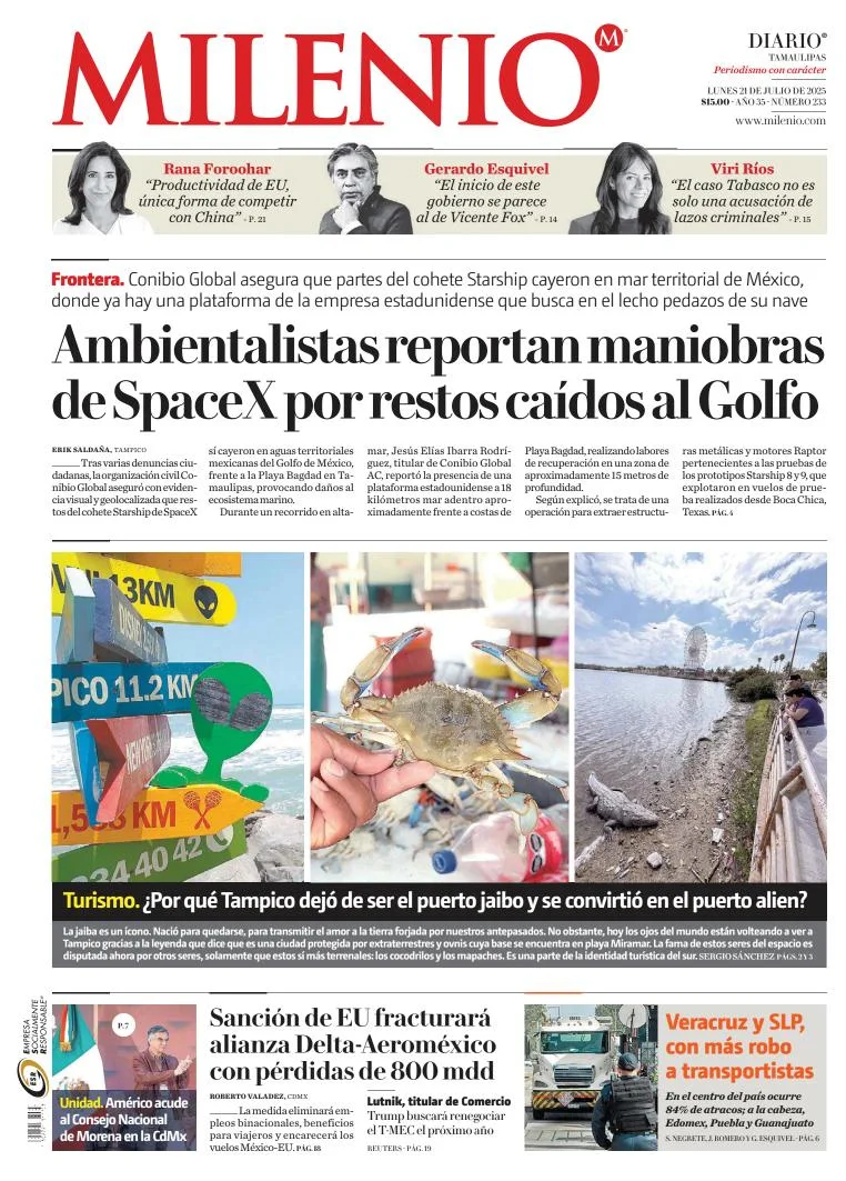 Portada de Milenio Tamaulipas del lunes, 21 de julio de 2025