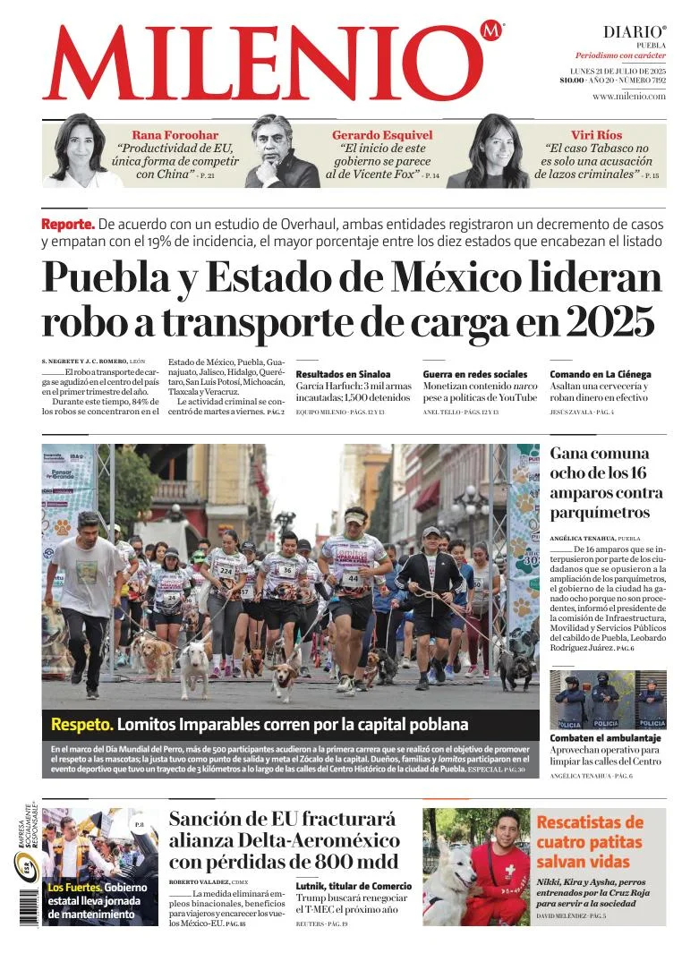 Portada de Milenio Puebla del lunes, 21 de julio de 2025