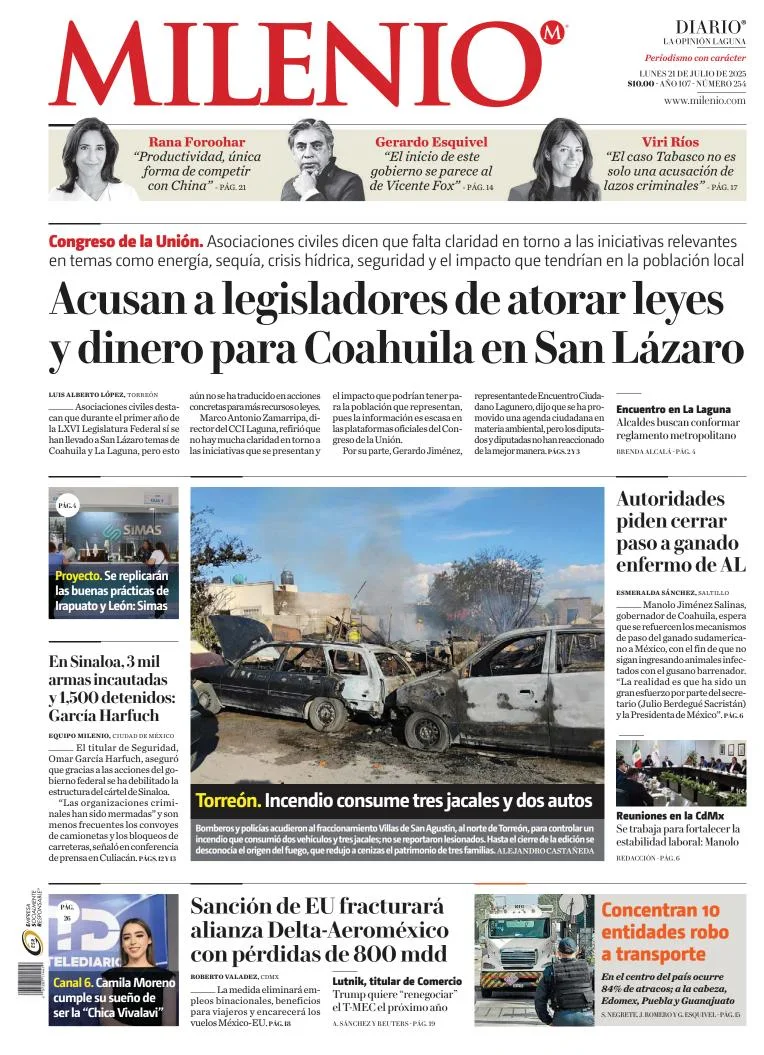 Portada de Milenio Laguna del lunes, 21 de julio de 2025