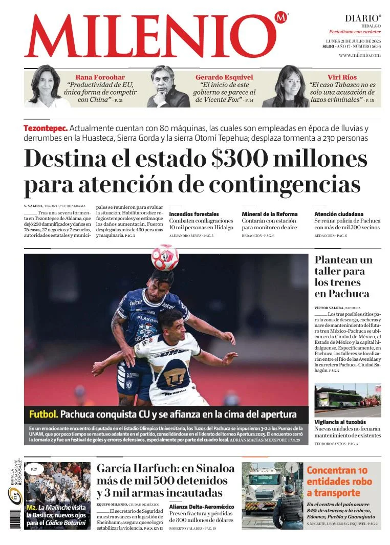Portada de Milenio Hidalgo del lunes, 21 de julio de 2025