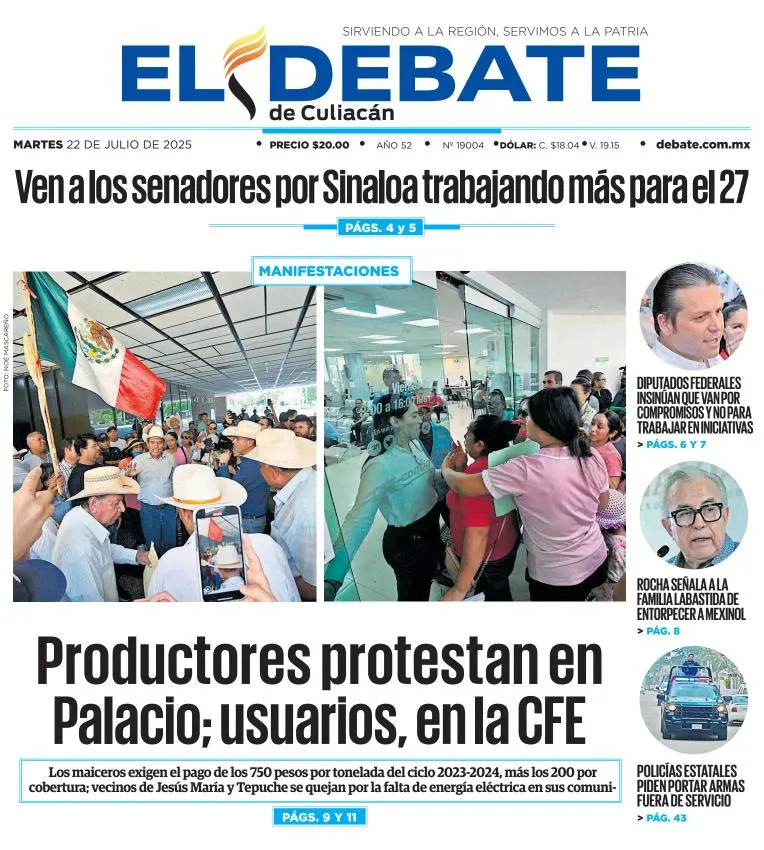 Portada de El Debate de Culiacan del martes, 22 de julio de 2025
