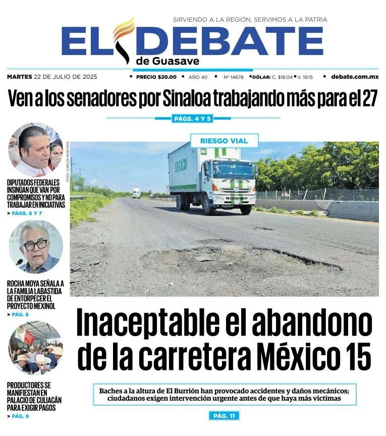 Portada de El Debate de Guasave del 2025-07-22