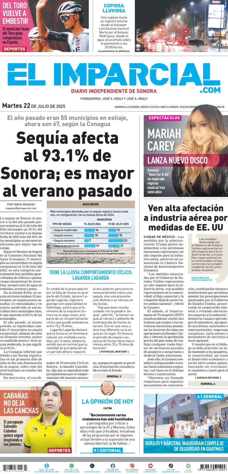 Portada de El Imparcial del martes, 22 de julio de 2025