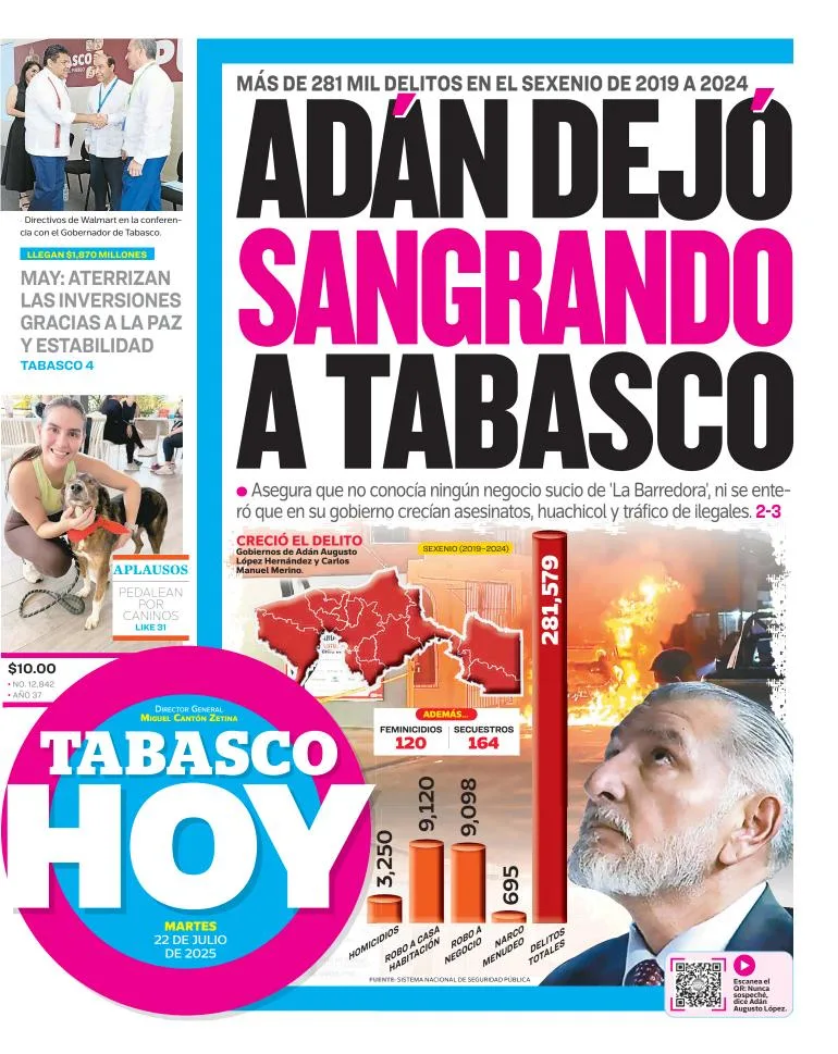 Portada de Tabasco Hoy del 2025-07-22