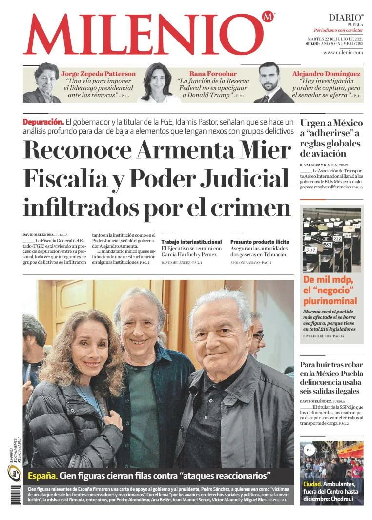 Portada de Milenio Puebla del martes, 22 de julio de 2025