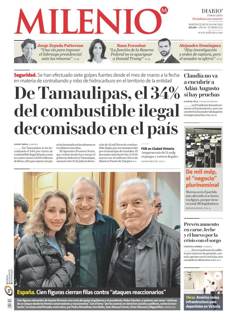 Portada de Milenio Tamaulipas del martes, 22 de julio de 2025