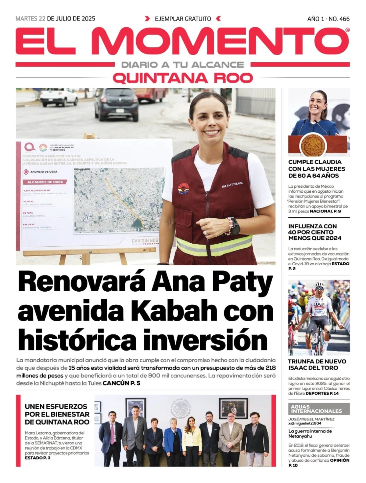 Portada de El Momento Quintana Roo del martes, 22 de julio de 2025