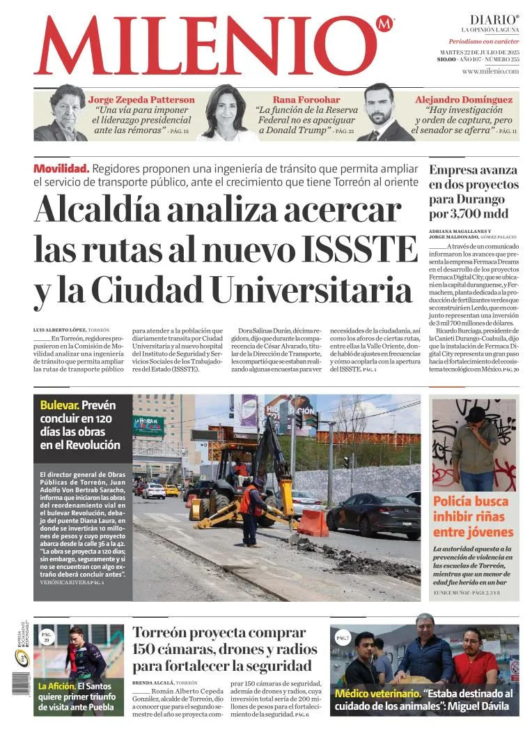 Portada de Milenio Laguna del martes, 22 de julio de 2025