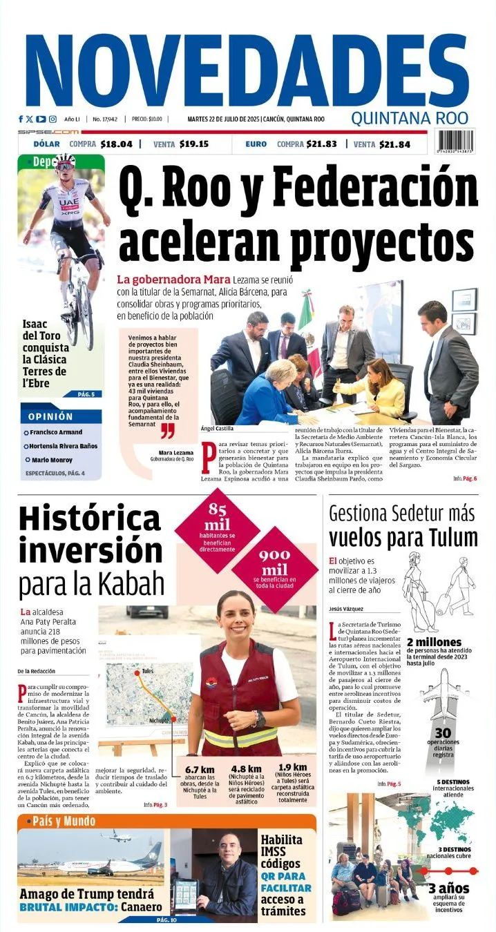 Portada de Novedades Quintana Roo del martes, 22 de julio de 2025