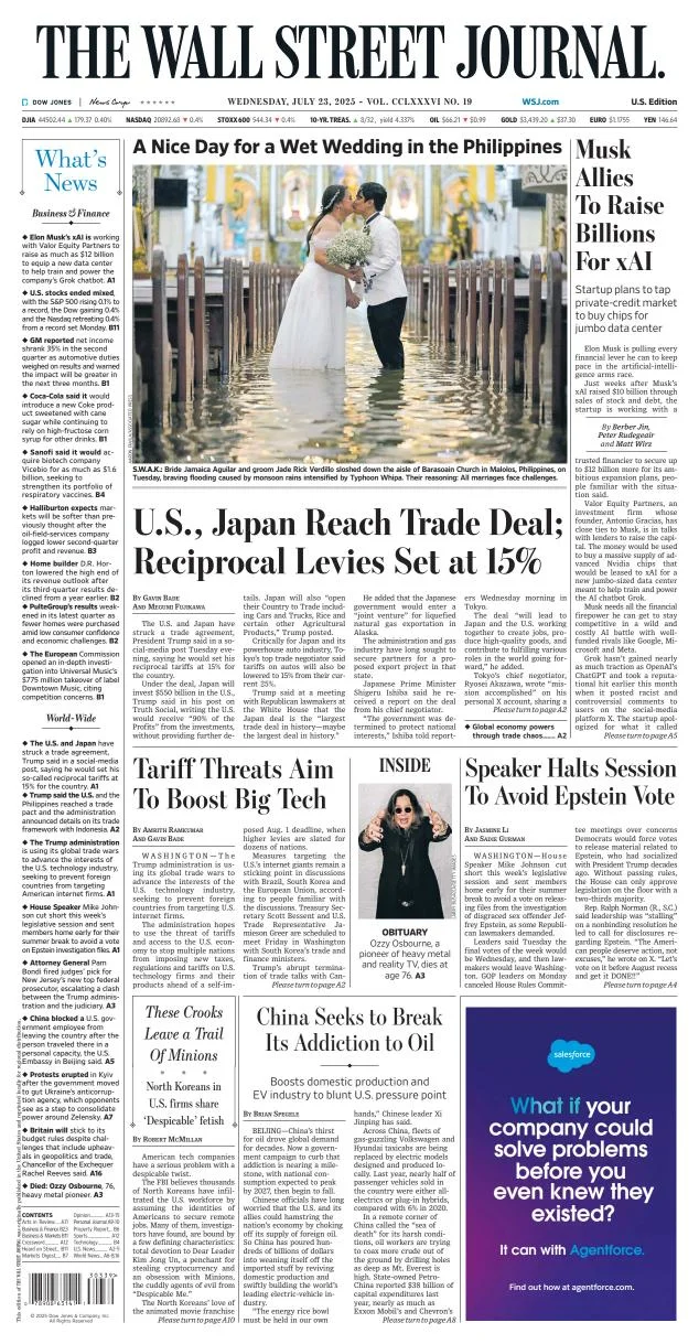 Portada de The Wall Street Journal del miércoles, 23 de julio de 2025