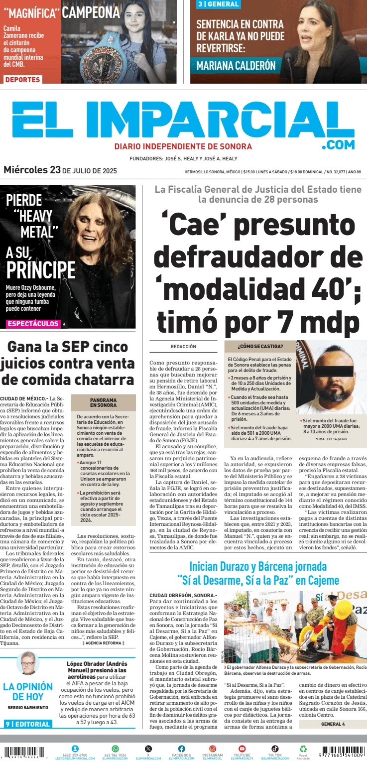 Portada de El Imparcial del miércoles, 23 de julio de 2025