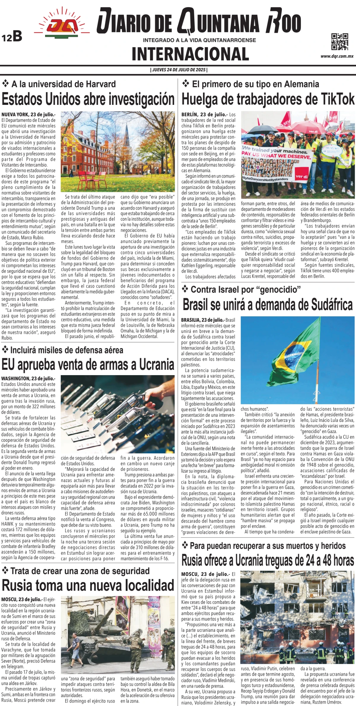 Portada de Diario de Quintana Roo (contra Portada)