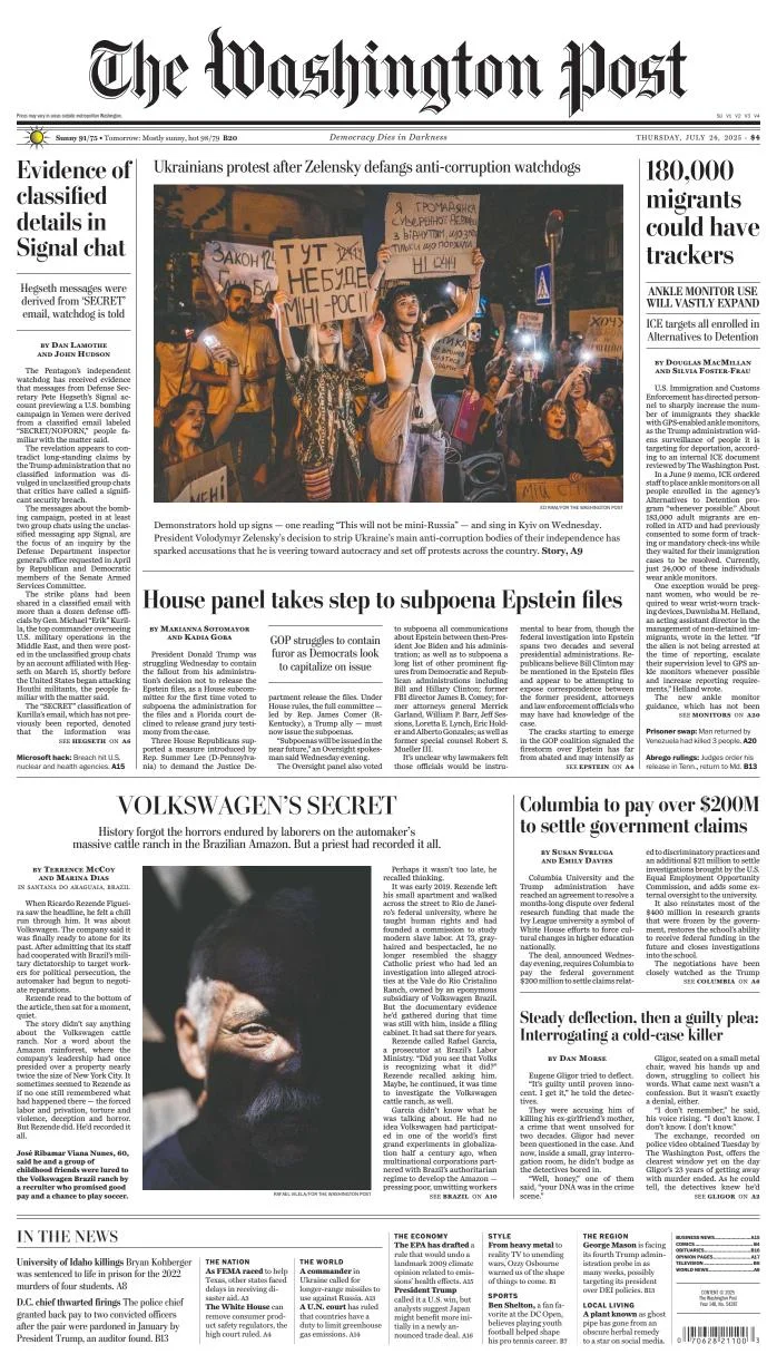 Portada de The Washington Post del jueves, 24 de julio de 2025