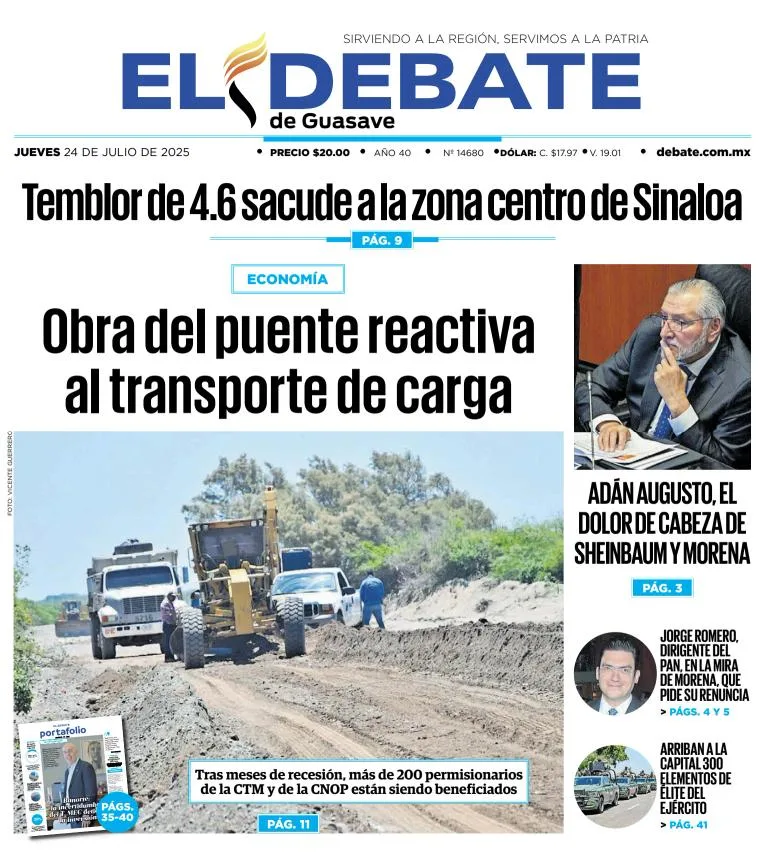 Portada de El Debate de Guasave del 2025-07-24