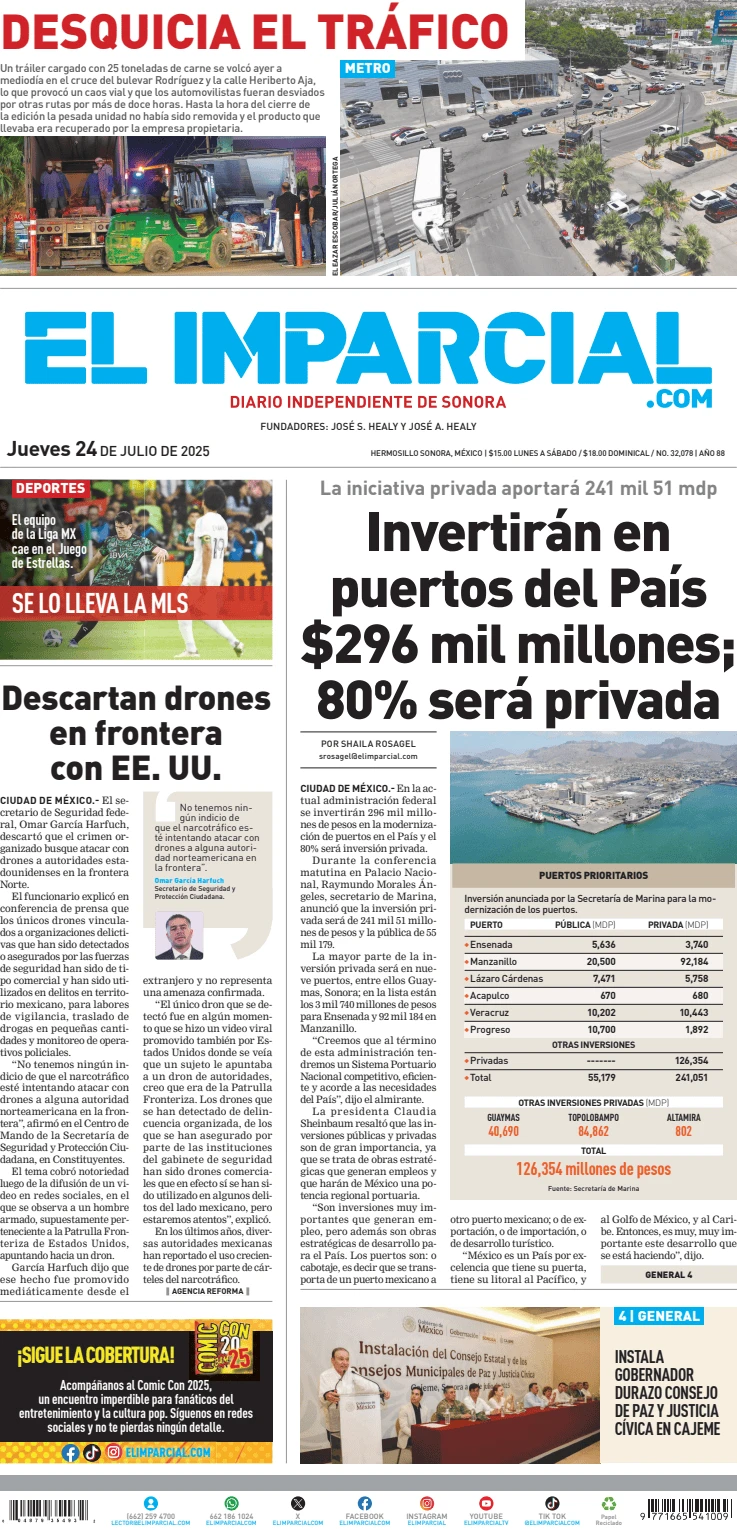 Portada de El Imparcial del jueves, 24 de julio de 2025