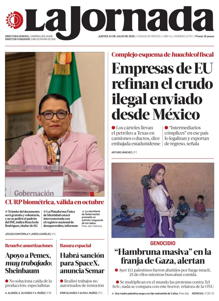 Portada de La Jornada del jueves, 24 de julio de 2025