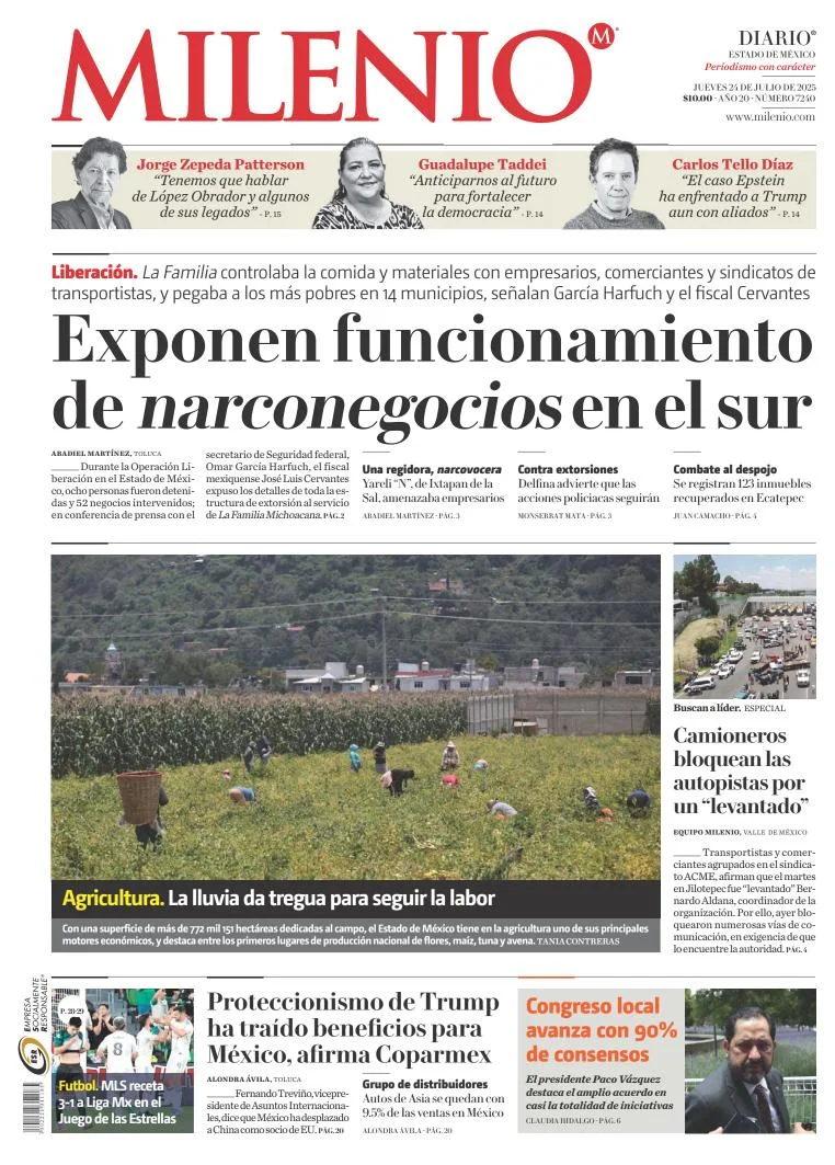 Portada de Milenio Edo de Mexico del jueves, 24 de julio de 2025
