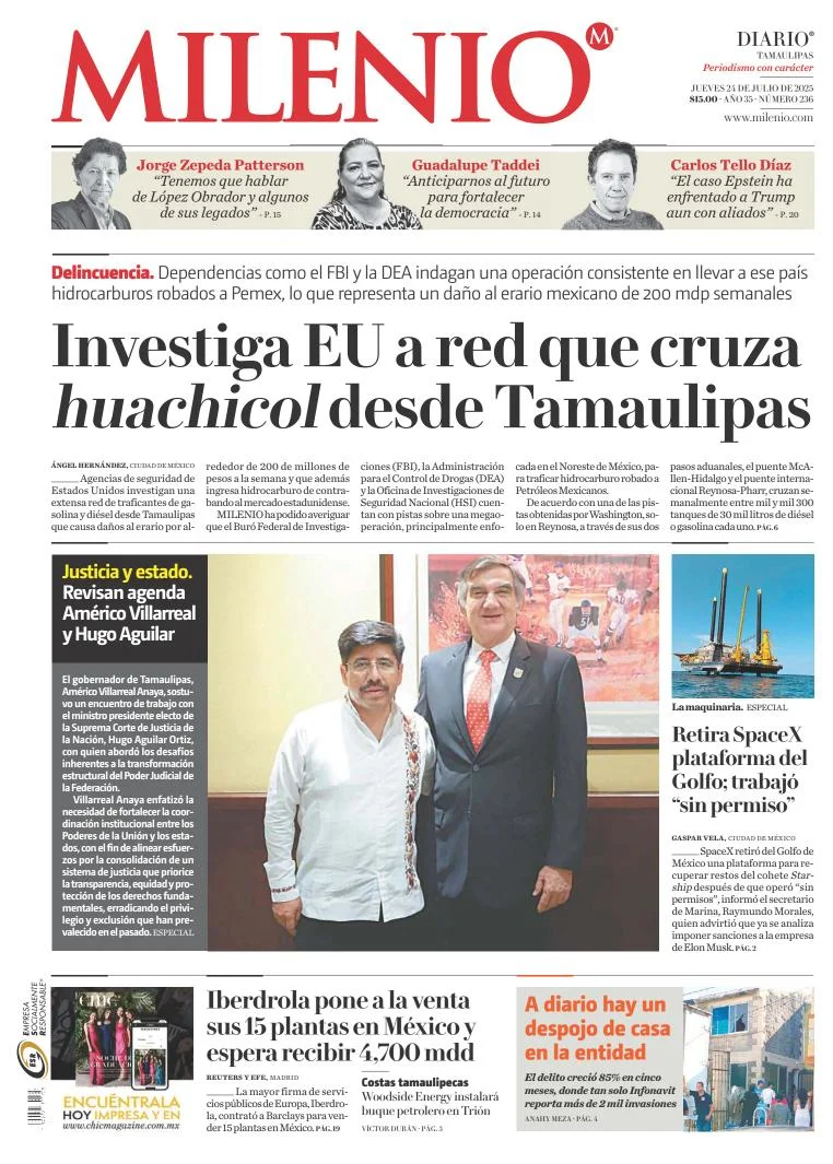 Portada de Milenio Tamaulipas del jueves, 24 de julio de 2025