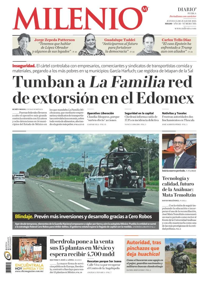Portada de Milenio Puebla del jueves, 24 de julio de 2025