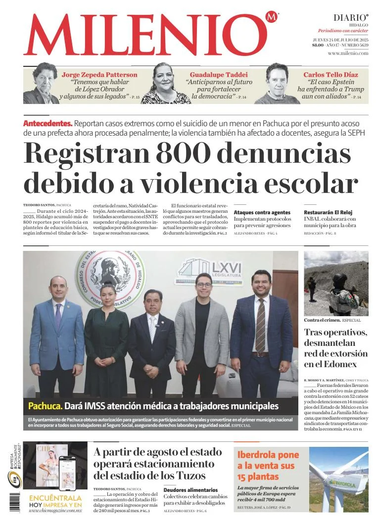 Portada de Milenio Hidalgo del jueves, 24 de julio de 2025