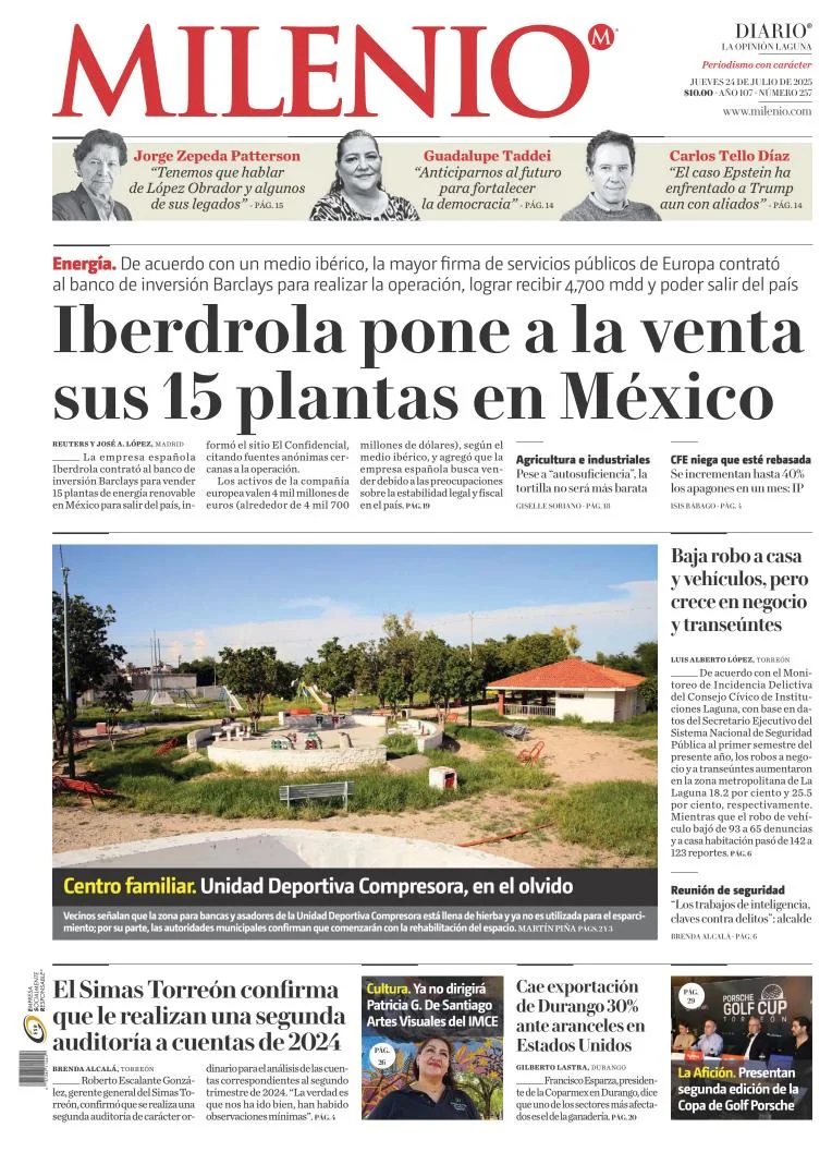 Portada de Milenio Laguna del jueves, 24 de julio de 2025