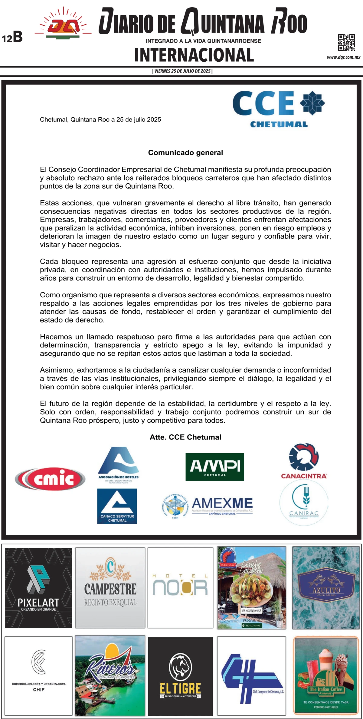 Portada de Diario de Quintana Roo (contra Portada)