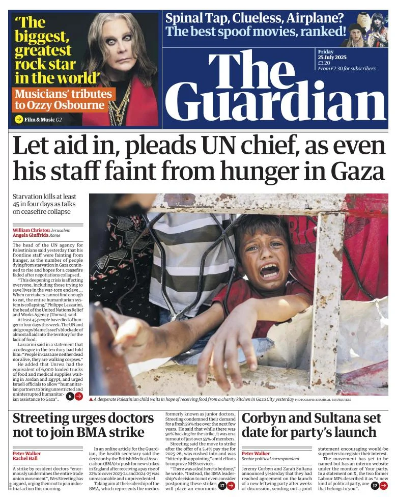 Portada de The Guardian (reino Unido) del viernes, 25 de julio de 2025