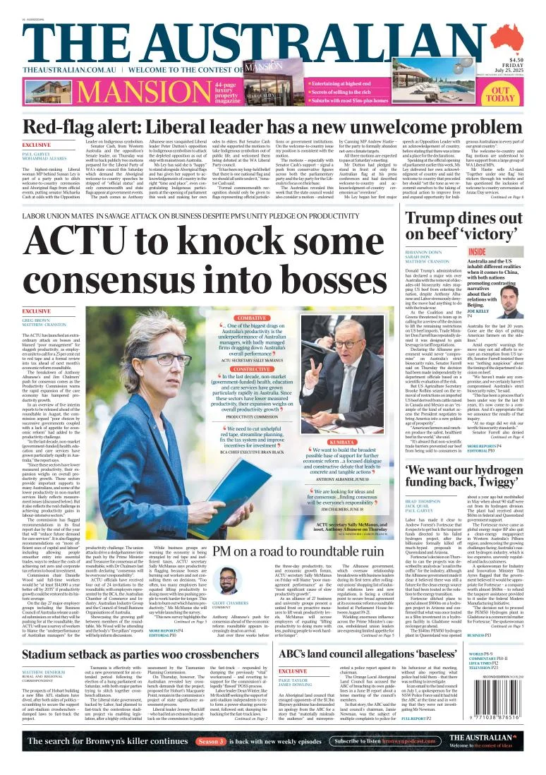 Portada de The Australian del viernes, 25 de julio de 2025