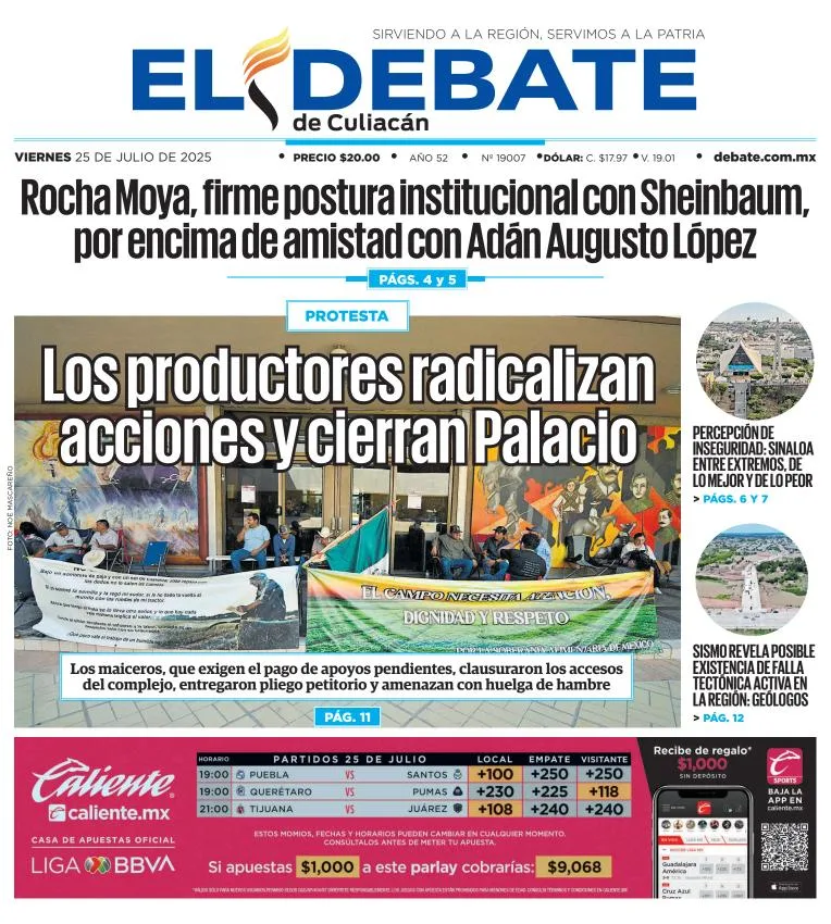 Portada de El Debate de Culiacan del viernes, 25 de julio de 2025