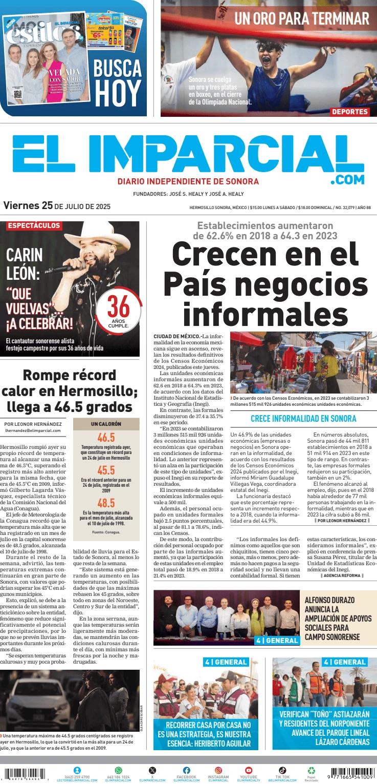 Portada de El Imparcial del viernes, 25 de julio de 2025