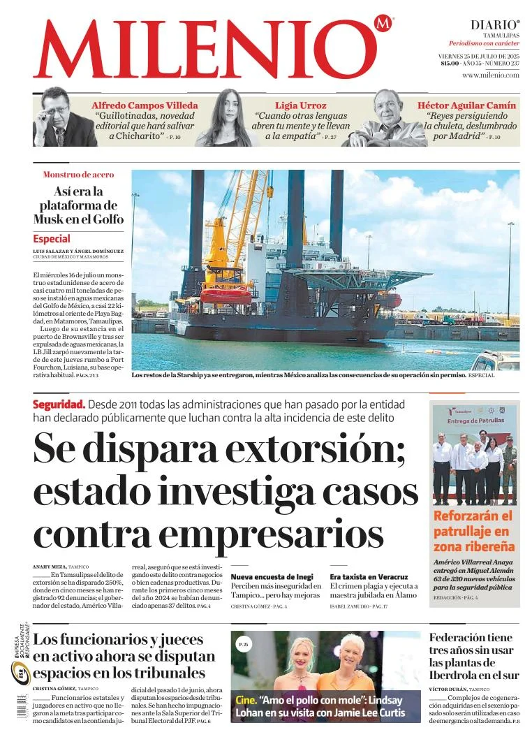 Portada de Milenio Tamaulipas del viernes, 25 de julio de 2025