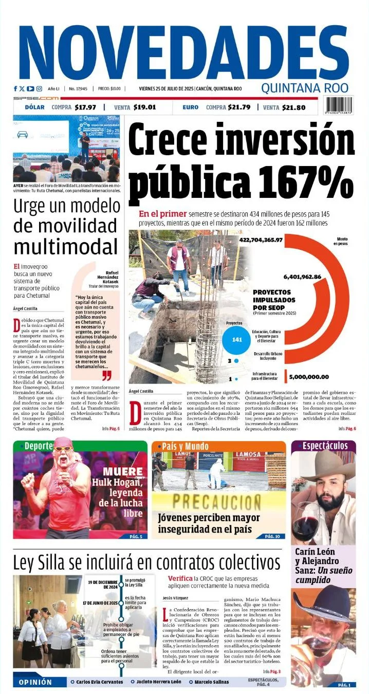 Portada de Novedades Quintana Roo del viernes, 25 de julio de 2025