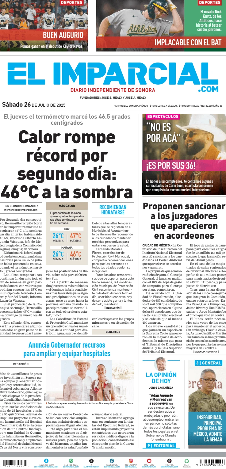 Portada de El Imparcial del sábado, 26 de julio de 2025