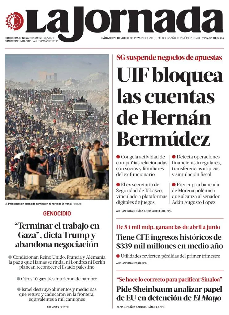 Portada de La Jornada del sábado, 26 de julio de 2025