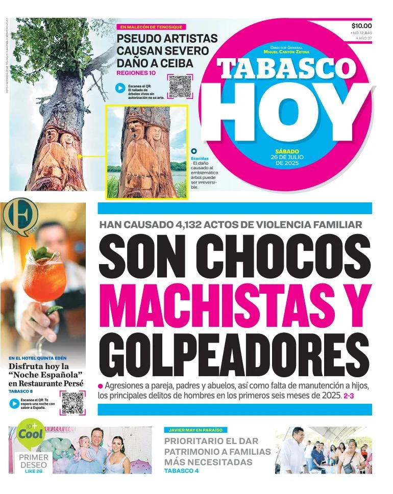Portada de Tabasco Hoy del sábado, 26 de julio de 2025